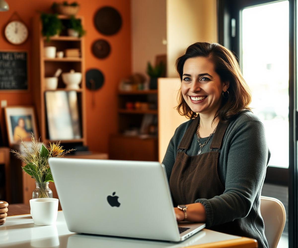 A small business owner smiling at her laptop in her shop
